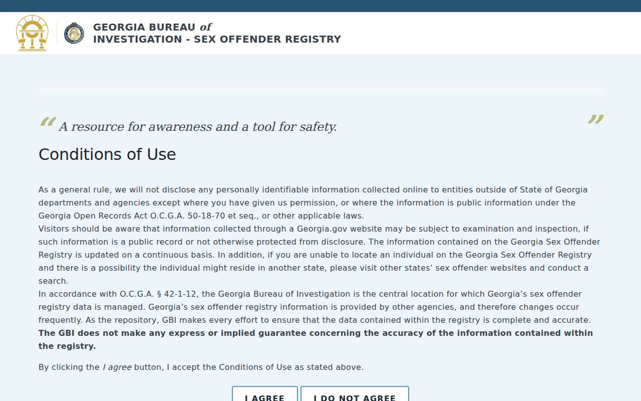 Georgia Bureau of Investigation public registry search screen