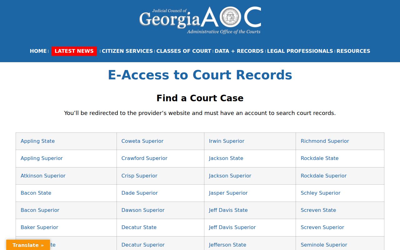 Georgia Courts E-Access directory for court record providers