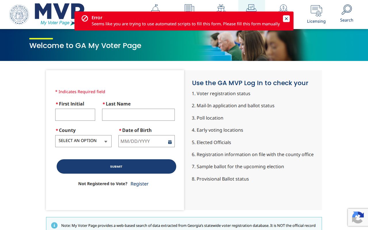 Georgia My Voter Page resident verification screen