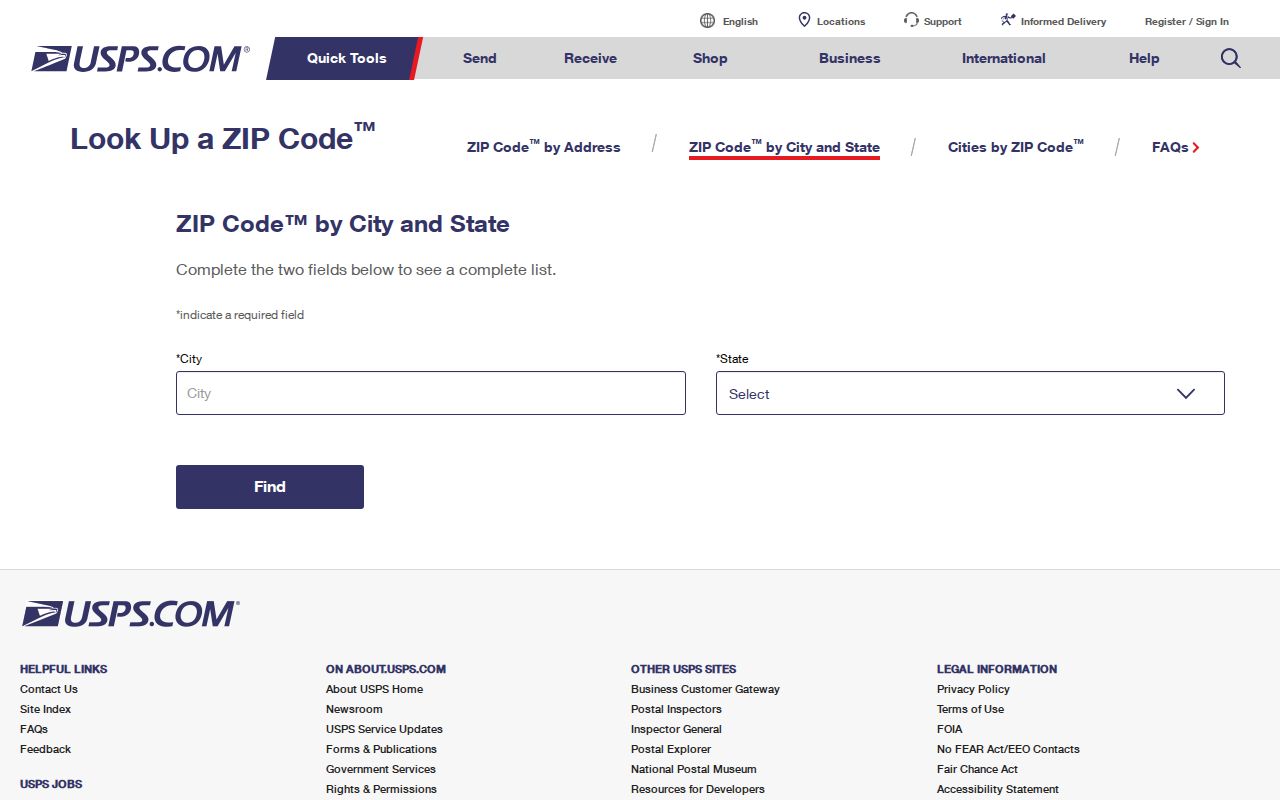 USPS city and state ZIP Code Lookup interface